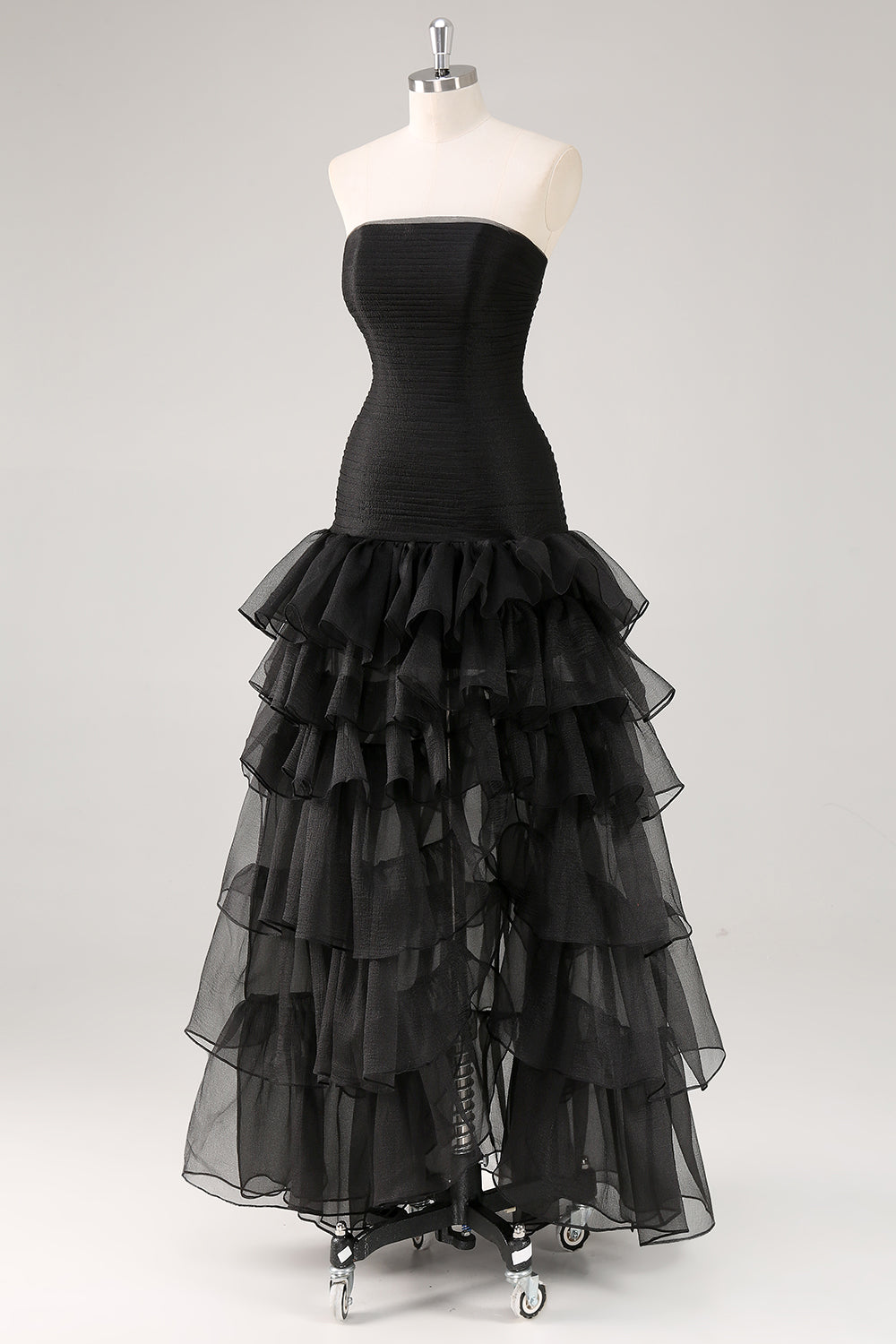Tiered Strapless Ruffled Black Formal Dress with Slit - Image 3