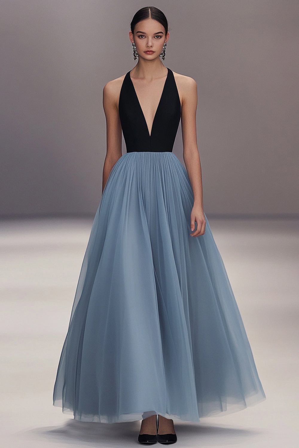 V Neck Black Blue Pleated Tulle Long Formal Dress - Image 1