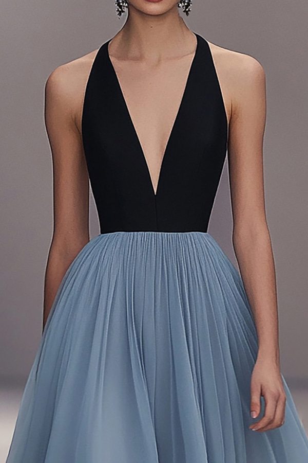 V Neck Black Blue Pleated Tulle Long Formal Dress - Image 3