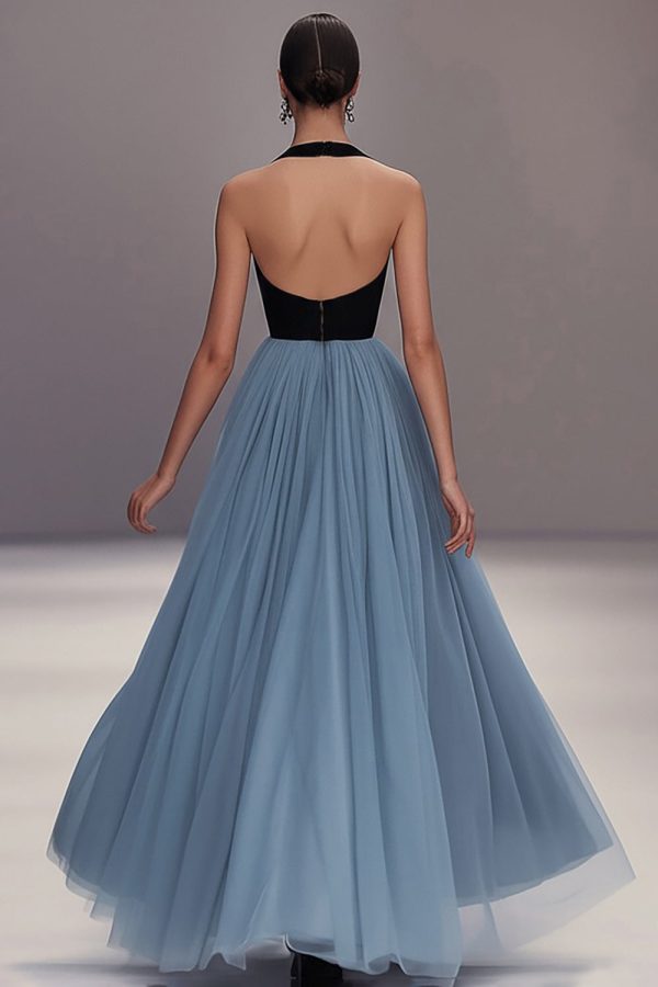 V Neck Black Blue Pleated Tulle Long Formal Dress - Image 2