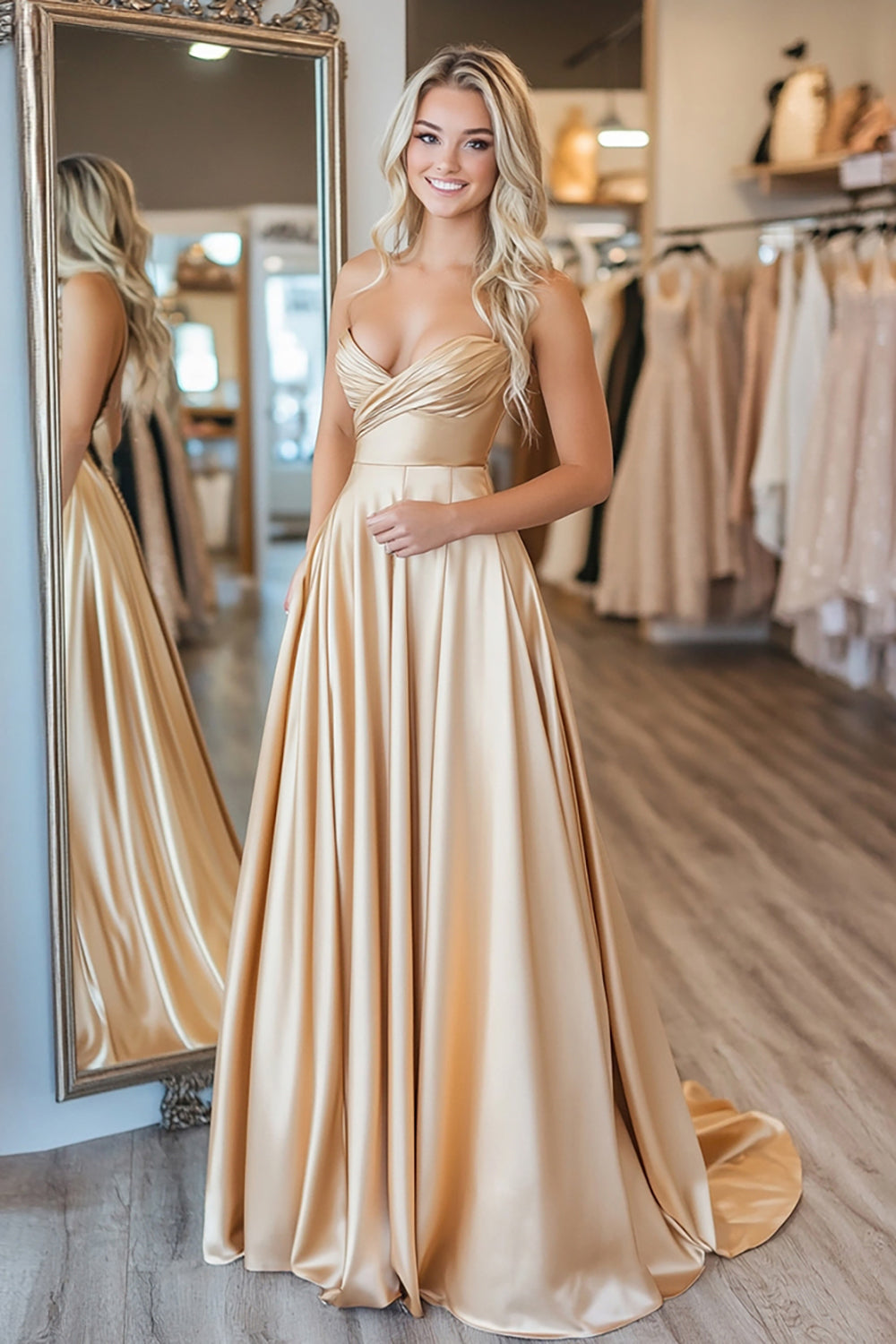 Sweetheart Ruched A Line Gold Satin Prom Dress - Image 1