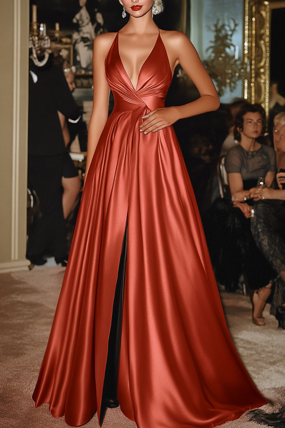 Terracotta Spaghetti Straps A-Line Satin Long Military Ball Dress with Slit - Image 1