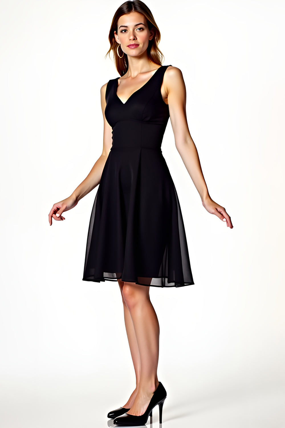 V-Neck A-Line Knee Length Little Black Dress with Open Back - Image 1