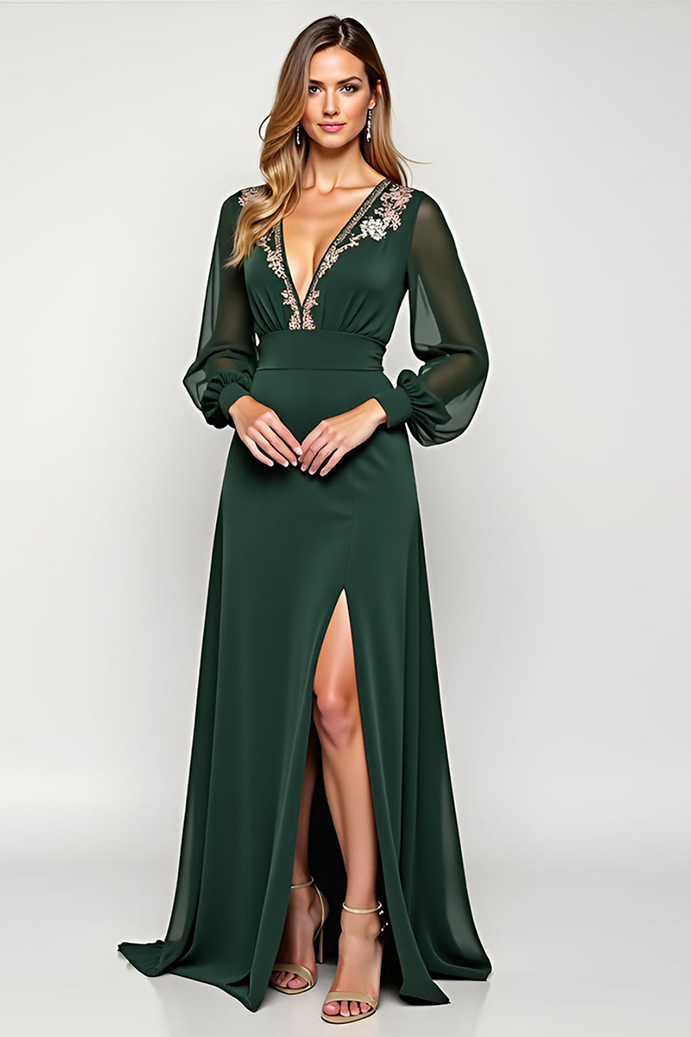 V-Neck A Line Embroidered Long Sleeve Green Formal Dress With Slit - Image 1