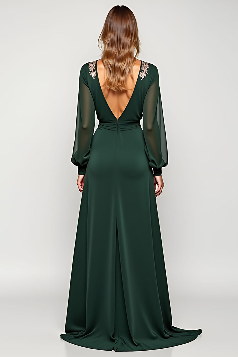 V-Neck A Line Embroidered Long Sleeve Green Formal Dress With Slit - Image 2