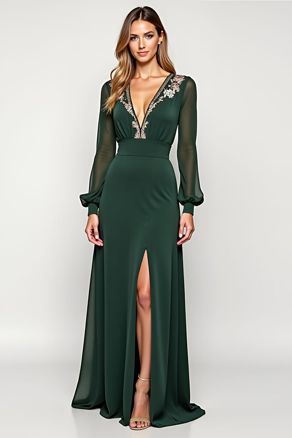 V-Neck A Line Embroidered Long Sleeve Green Formal Dress With Slit - Image 3