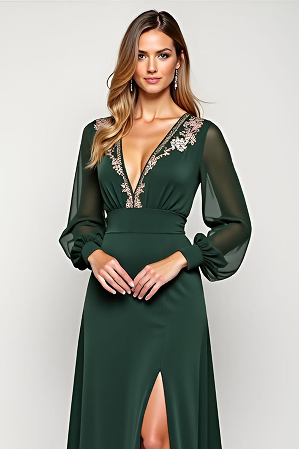V-Neck A Line Embroidered Long Sleeve Green Formal Dress With Slit - Image 4