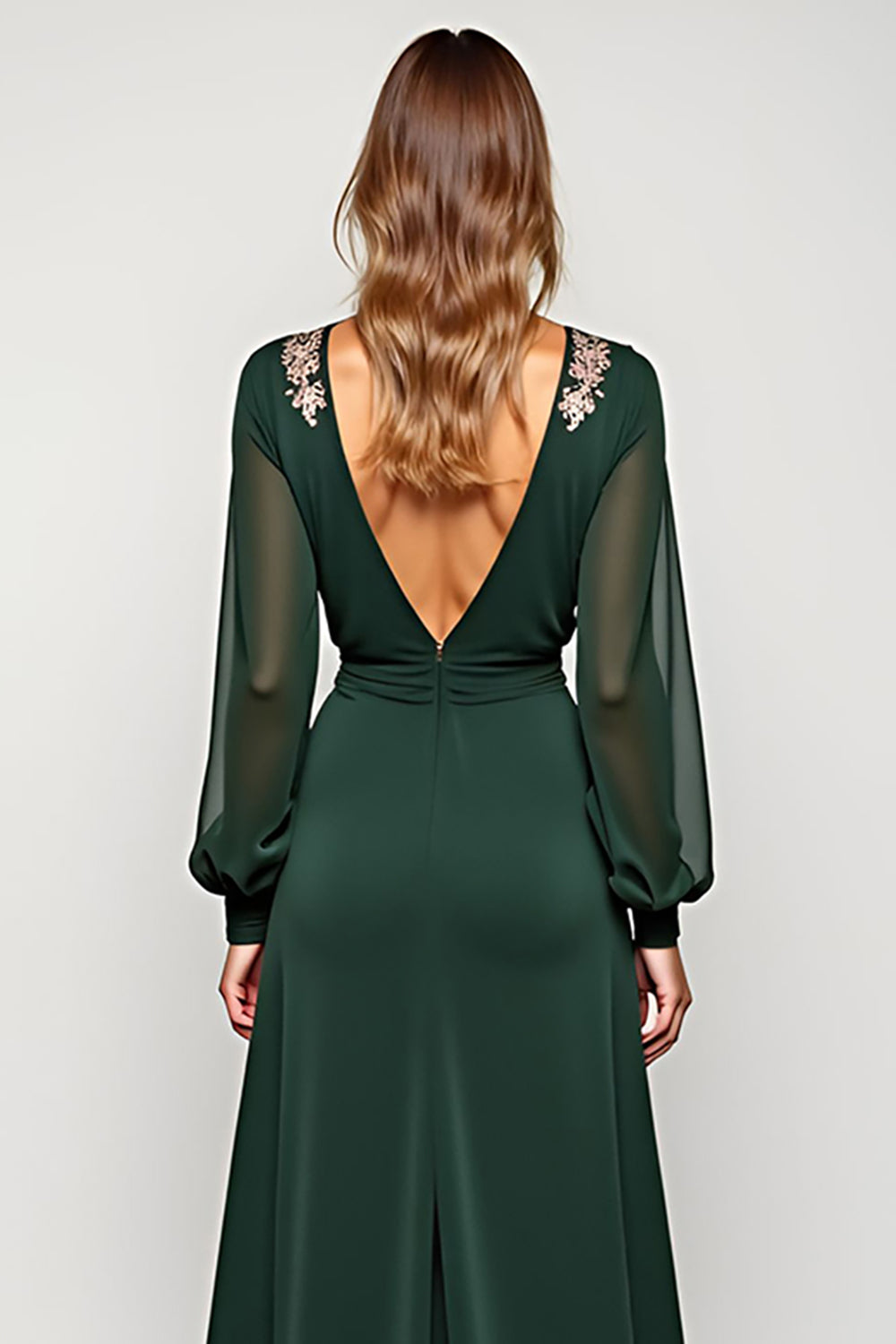 V-Neck A Line Embroidered Long Sleeve Green Formal Dress With Slit - Image 6