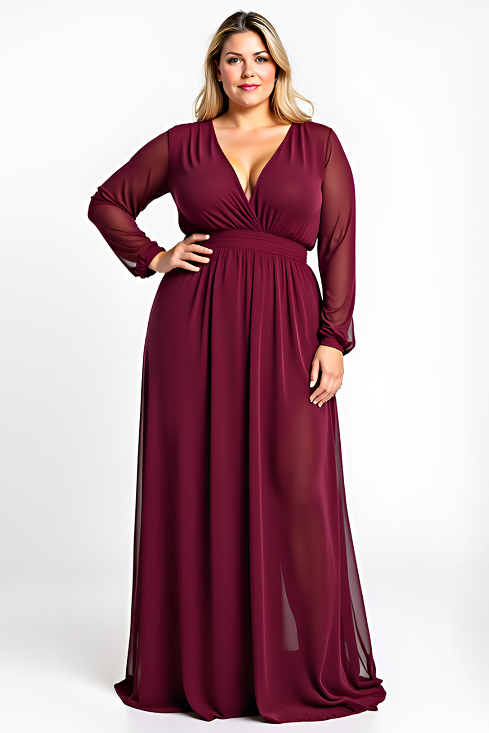 V-Neck Burgundy A Line Plus Size Long Sleeve Formal Dress - Image 1