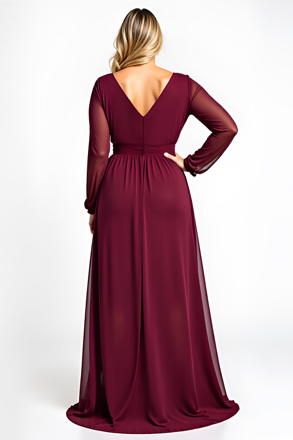 V-Neck Burgundy A Line Plus Size Long Sleeve Formal Dress - Image 2