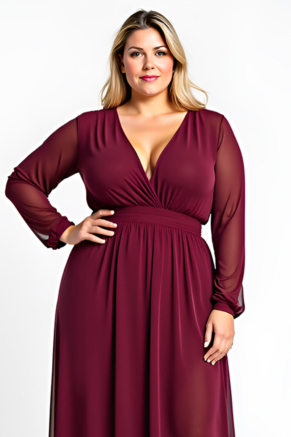V-Neck Burgundy A Line Plus Size Long Sleeve Formal Dress - Image 3