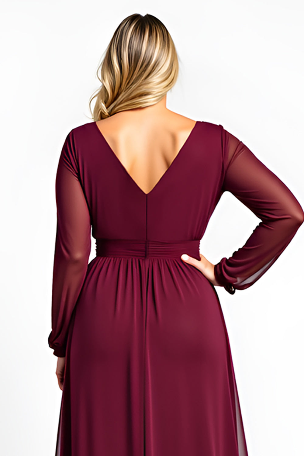 V-Neck Burgundy A Line Plus Size Long Sleeve Formal Dress - Image 4