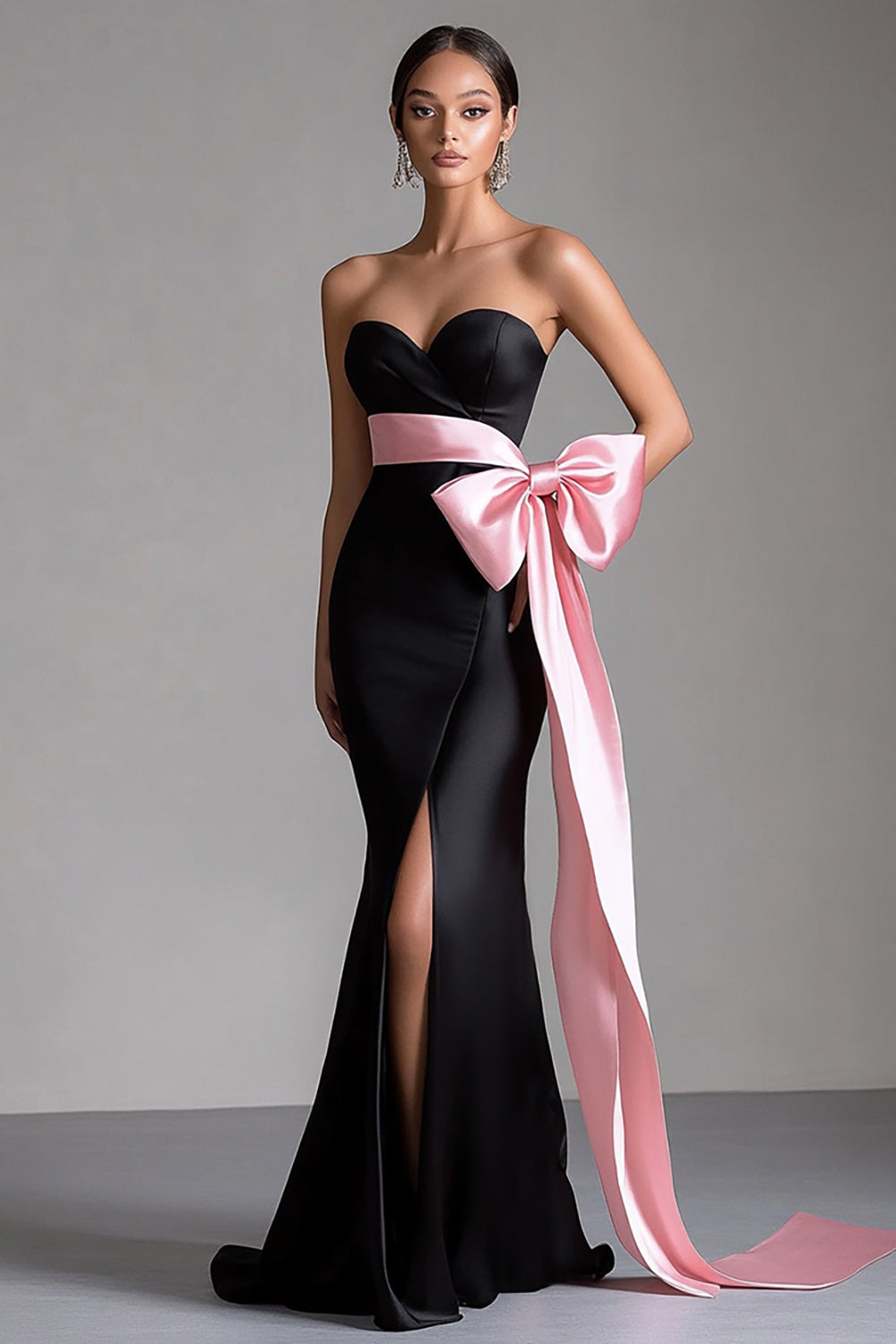 Sweetheart Bow Sash Mermaid Black Tie Dress with Slit - Image 1