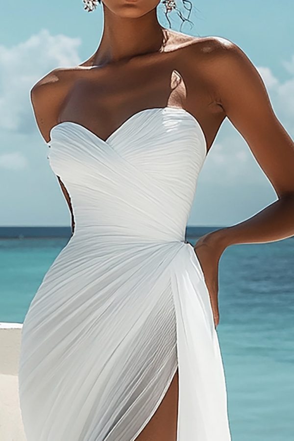 Sweetheart White A Line Chiffon Engagement Dress With Slit - Image 2