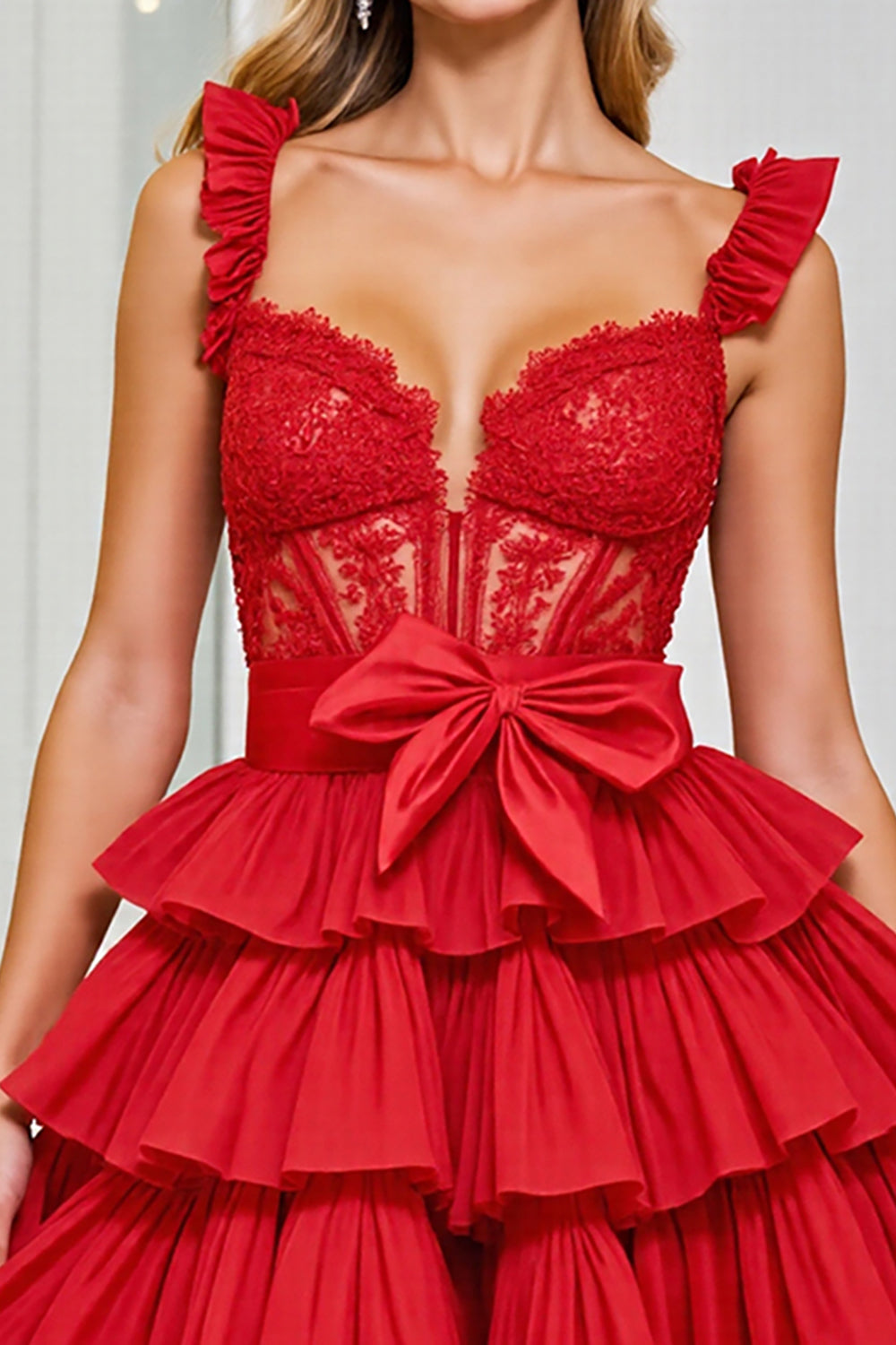 Tiered Corset Red A Line Homecoming Dress with Appliques - Image 3