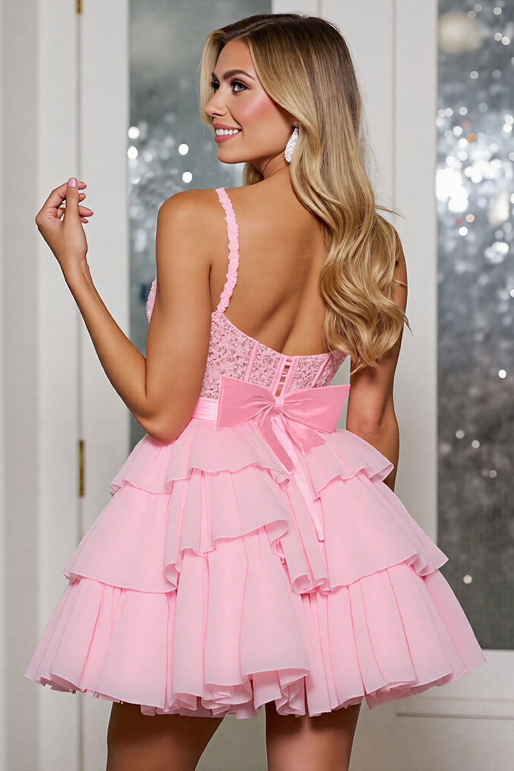 Tiered Pink Corset A Line Homecoming Dress with Appliques - Image 2