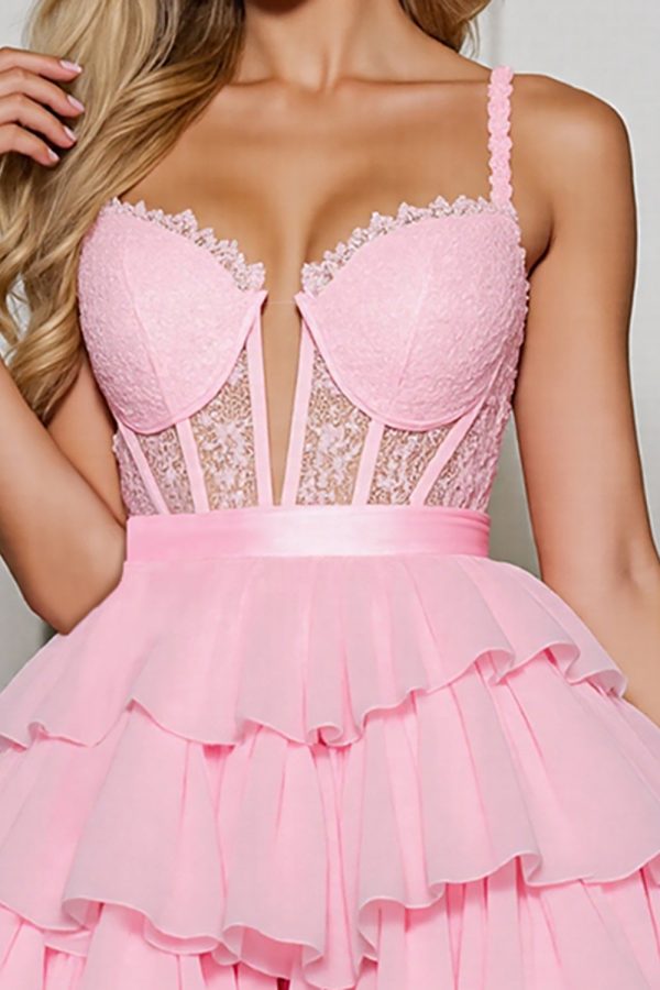 Tiered Pink Corset A Line Homecoming Dress with Appliques - Image 3