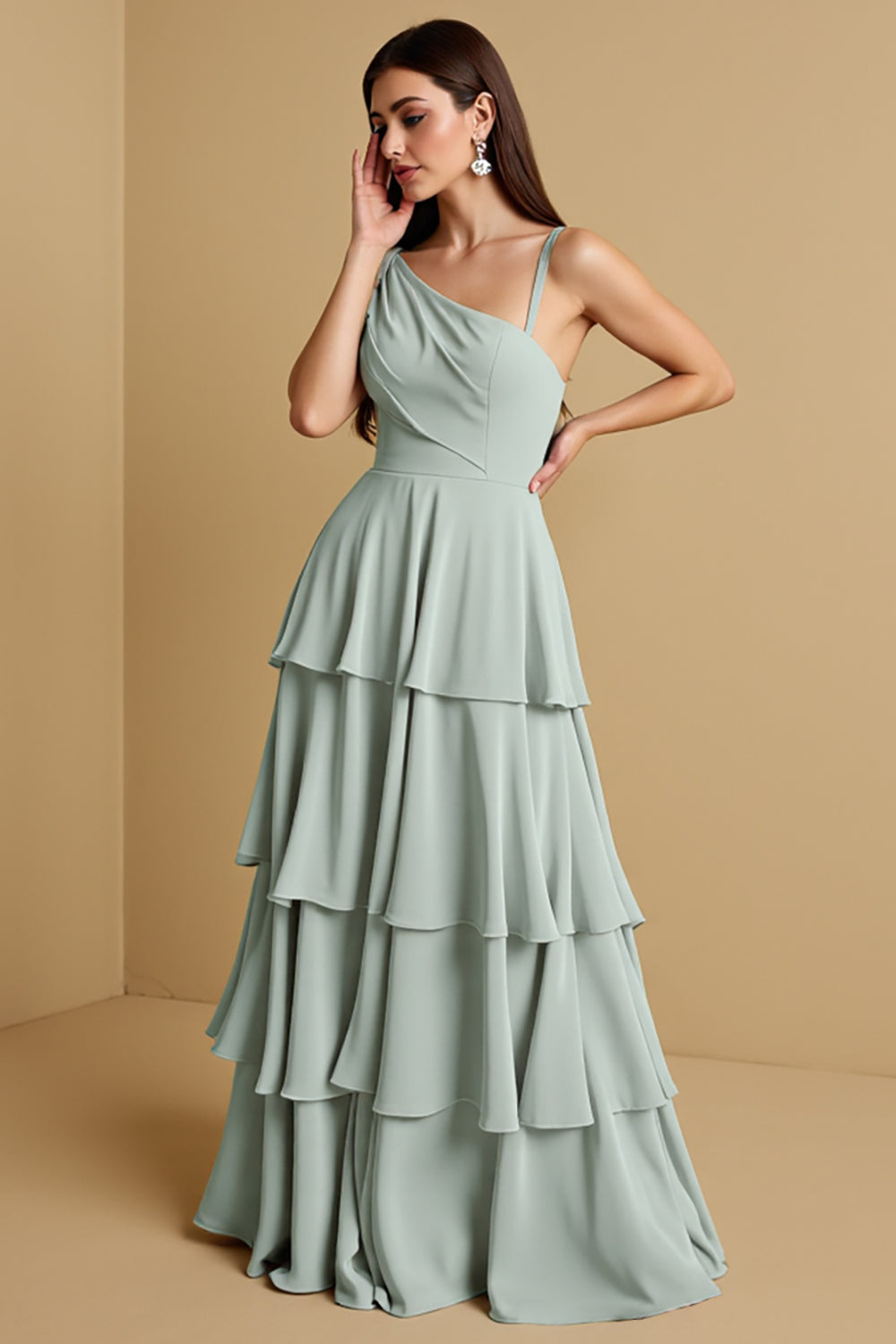 Tiered A-Line Long Sage Green Bridesmaid Dress - Image 1