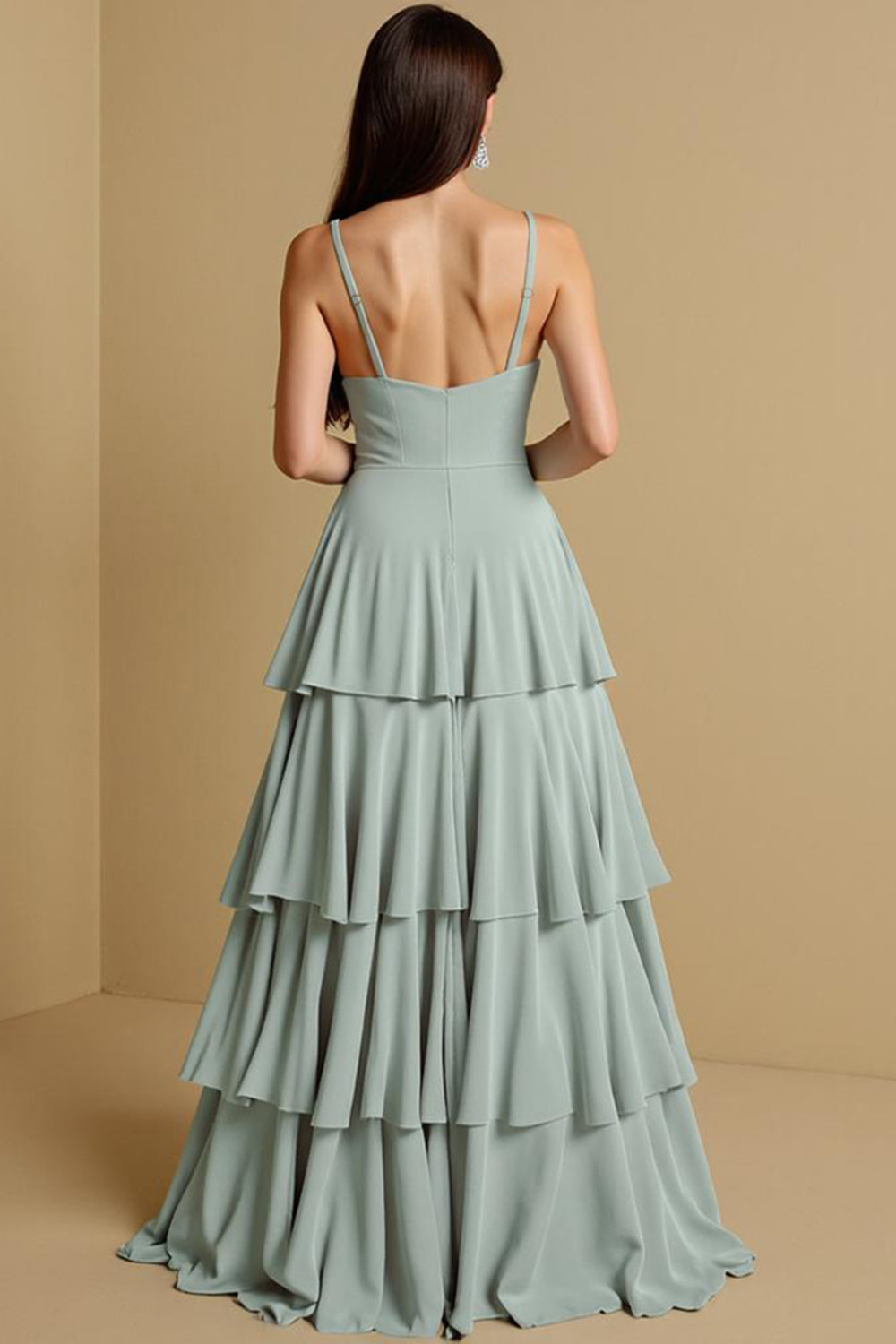 Tiered A-Line Long Sage Green Bridesmaid Dress - Image 2