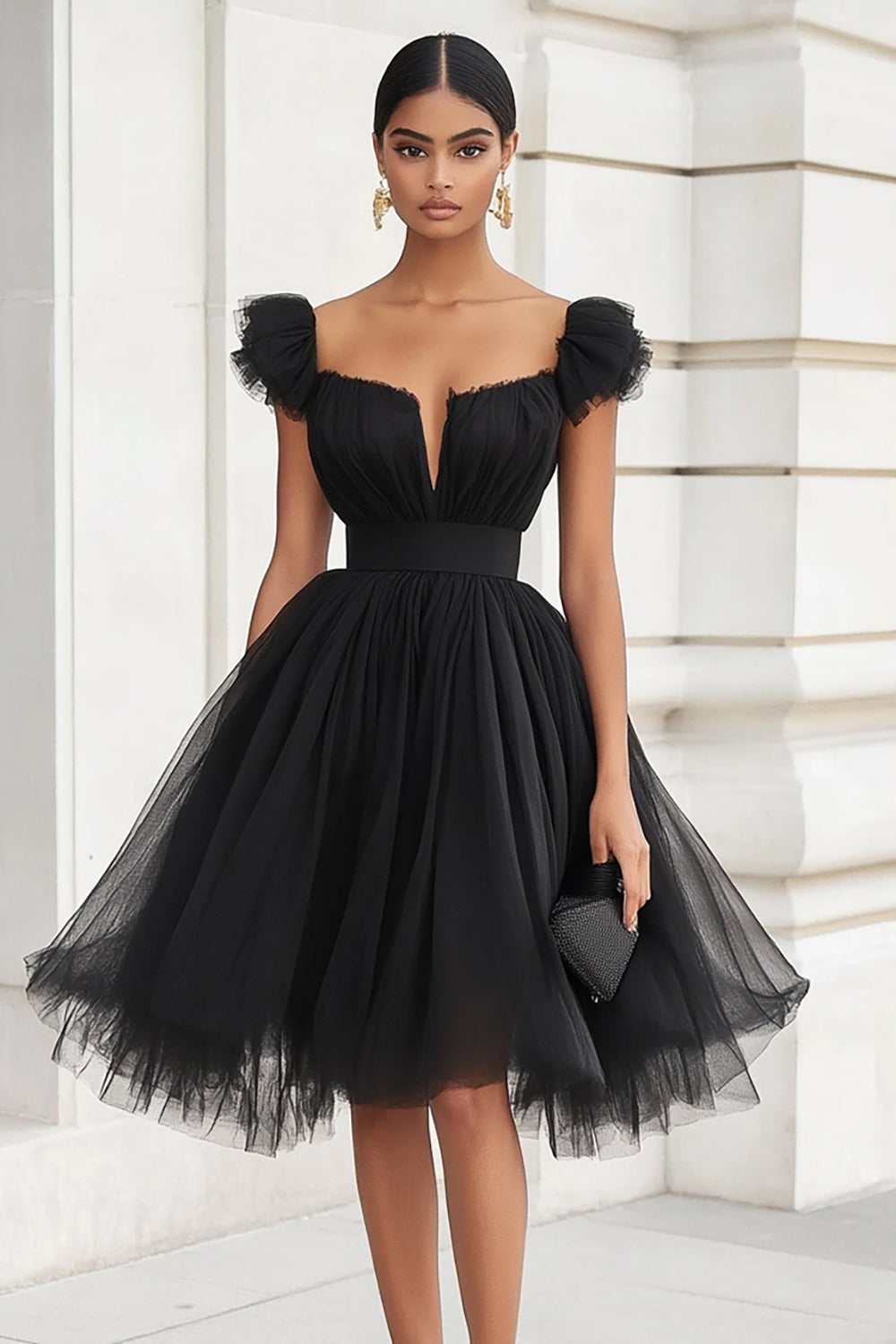 Tulle Ruched A Line Little Black Dress - Image 1