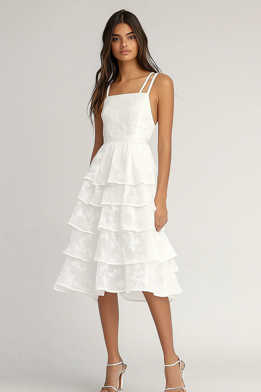 Tiered Ivory Lace A Line Midi Graduation Dress With Ruffles - Image 1