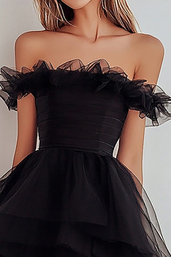 Tiered Black Off The Shoulder Ruffled Graduation Dress - Image 2