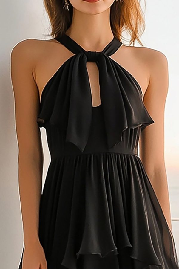 Tiered Black Halter Chiffon Graduation Dress - Image 2