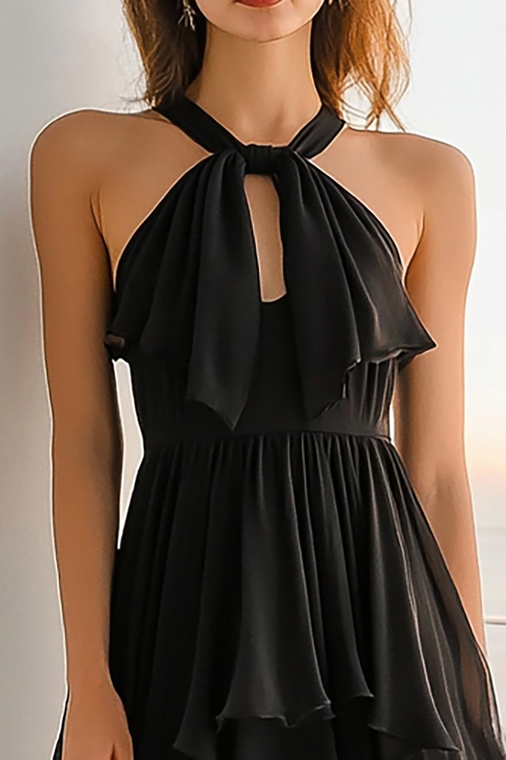 Tiered Black Halter Chiffon Graduation Dress - Image 2