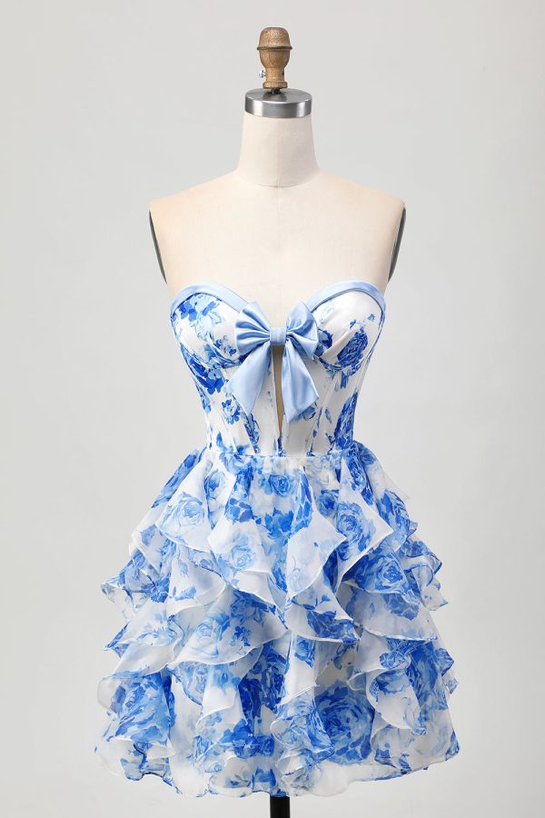 Sweetheart Ruffle A-Line Printed White Blue Homecoming Dress With Bow - Image 3