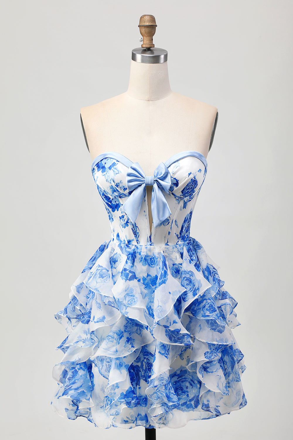 Sweetheart Ruffle A-Line Printed White Blue Homecoming Dress With Bow - Image 3