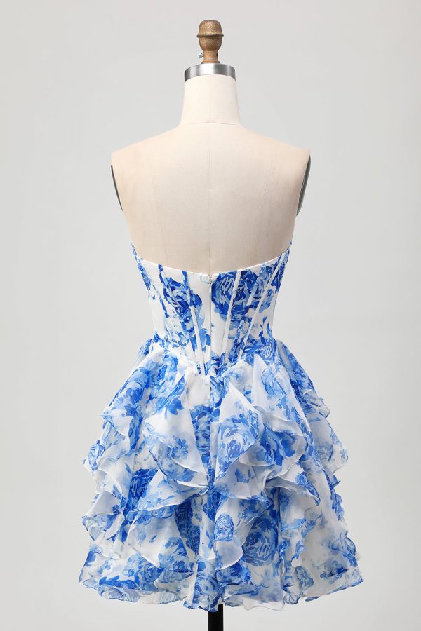 Sweetheart Ruffle A-Line Printed White Blue Homecoming Dress With Bow - Image 4