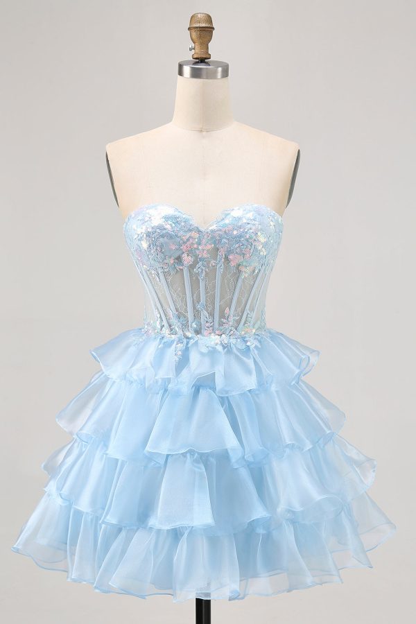 Tiered A Line Sequin Strapless Corset Blue Homecoming Dress