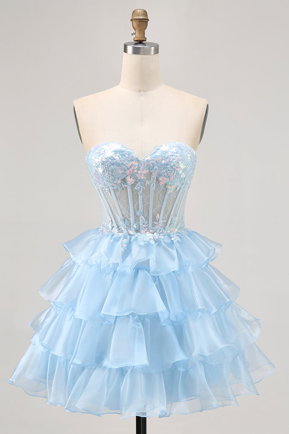 Tiered A Line Sequin Strapless Corset Blue Homecoming Dress - Image 1