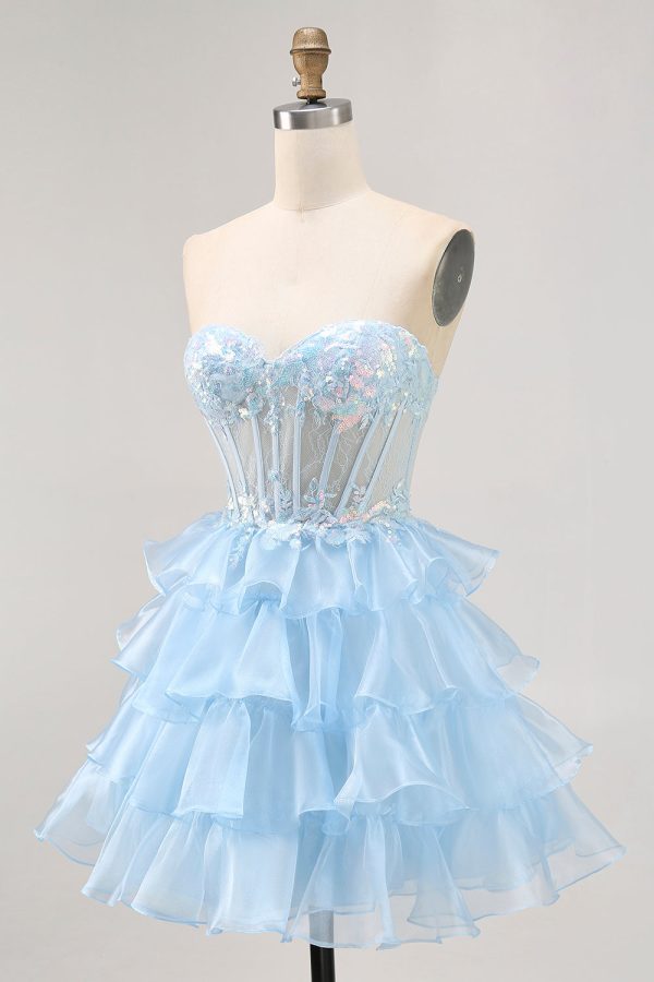 Tiered A Line Sequin Strapless Corset Blue Homecoming Dress - Image 3