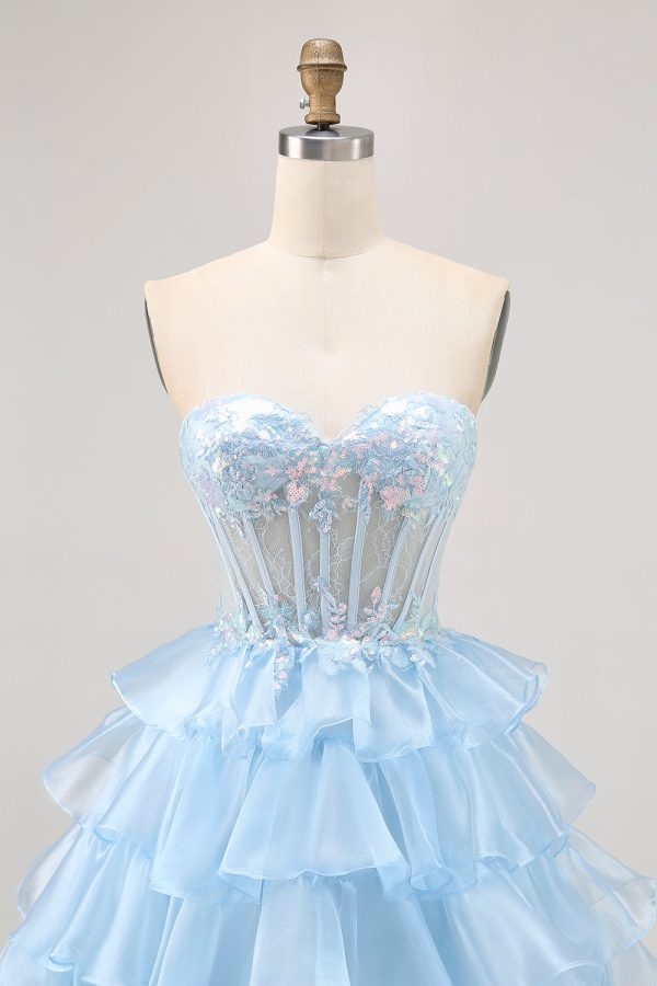 Tiered A Line Sequin Strapless Corset Blue Homecoming Dress - Image 4