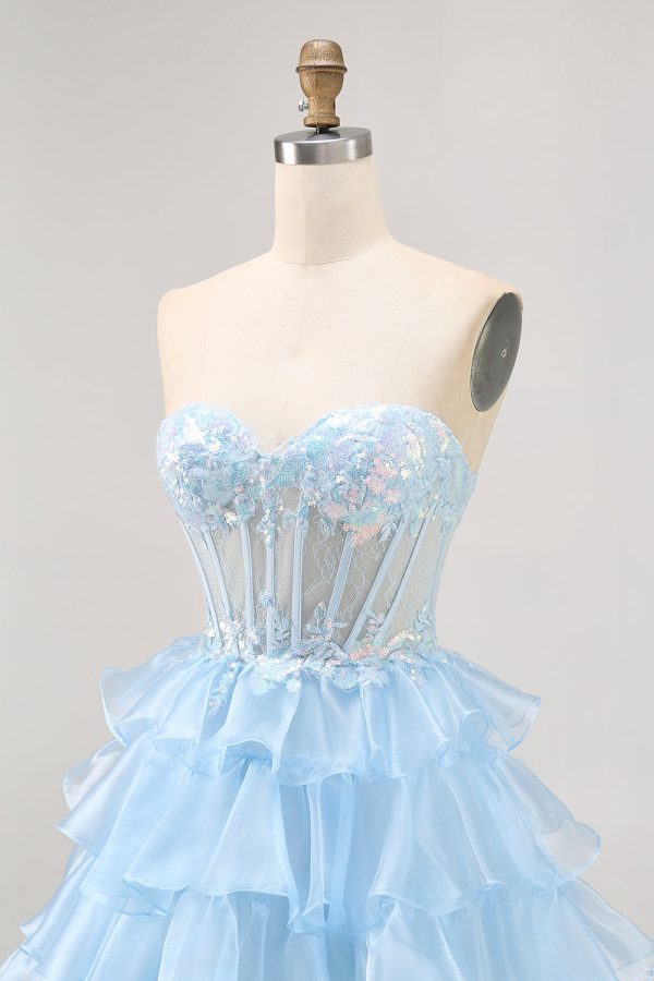 Tiered A Line Sequin Strapless Corset Blue Homecoming Dress - Image 6