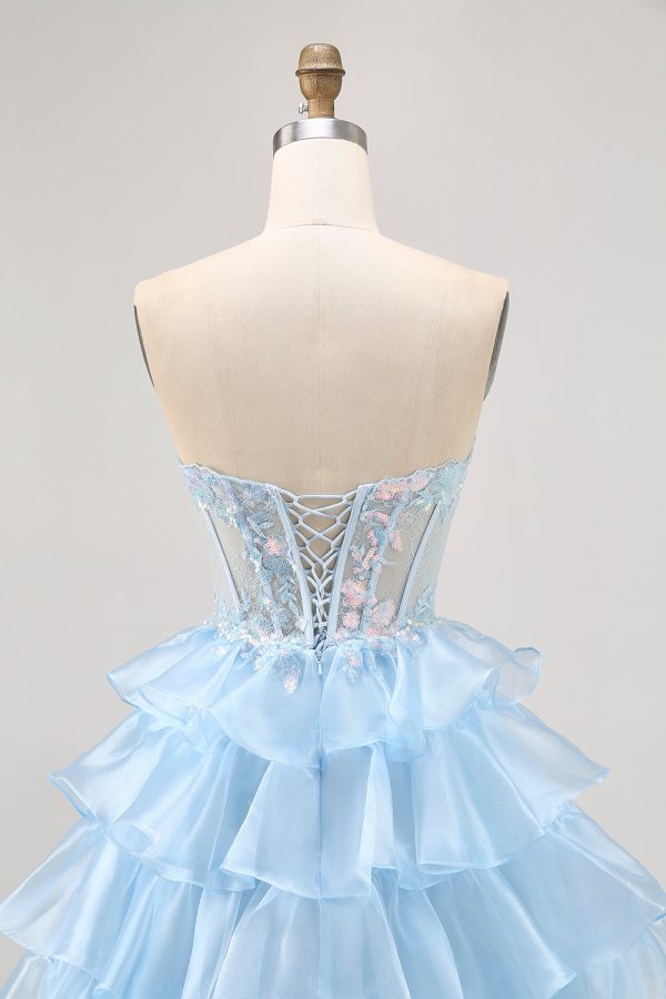 Tiered A Line Sequin Strapless Corset Blue Homecoming Dress - Image 5