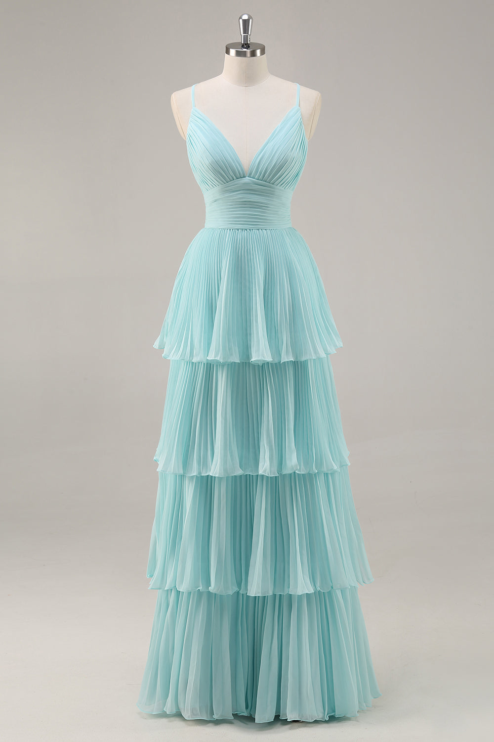 Tiered A Line Pleated Green Prom Dress - Image 1