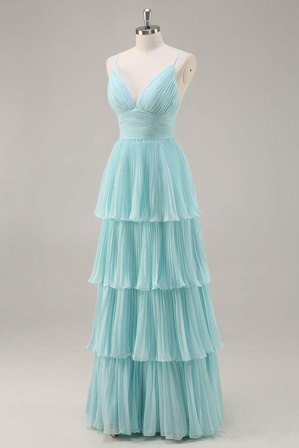 Tiered A Line Pleated Green Prom Dress - Image 3