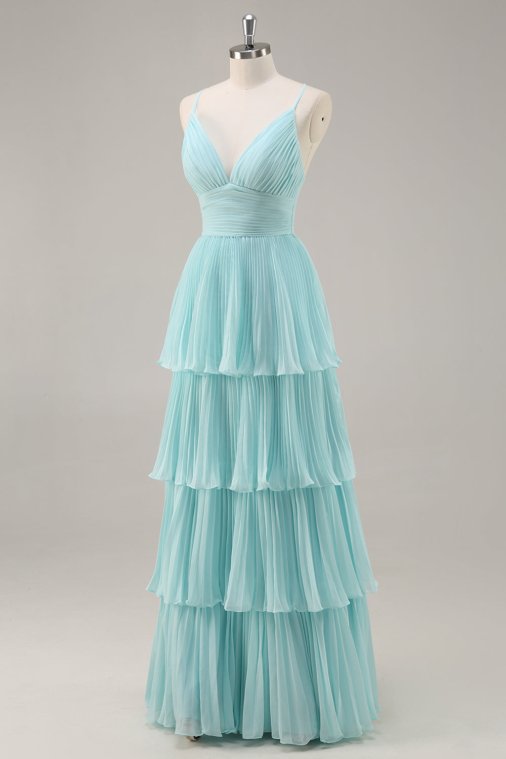 Tiered A Line Pleated Green Prom Dress - Image 3