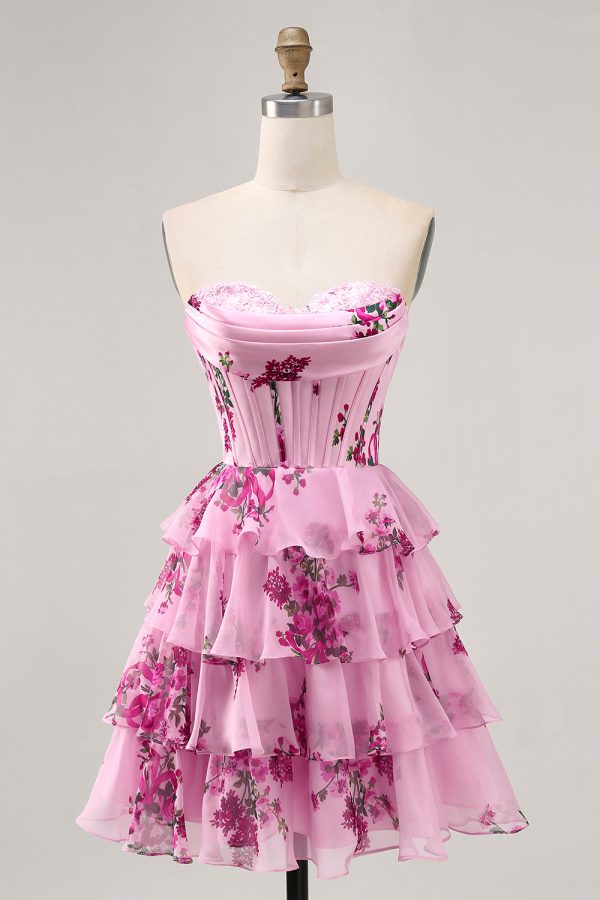 Pink Floral A Line Strapless Tiered Corset Homecoming Dress with Lace Up Back