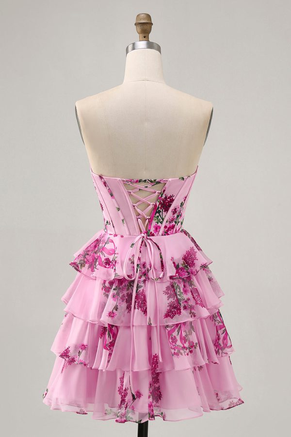 Pink Floral A Line Strapless Tiered Corset Homecoming Dress with Lace Up Back - Image 2