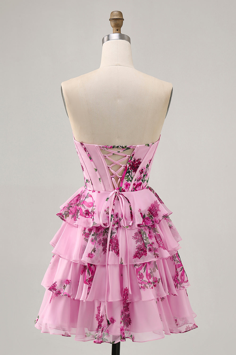 Pink Floral A Line Strapless Tiered Corset Homecoming Dress with Lace Up Back - Image 2
