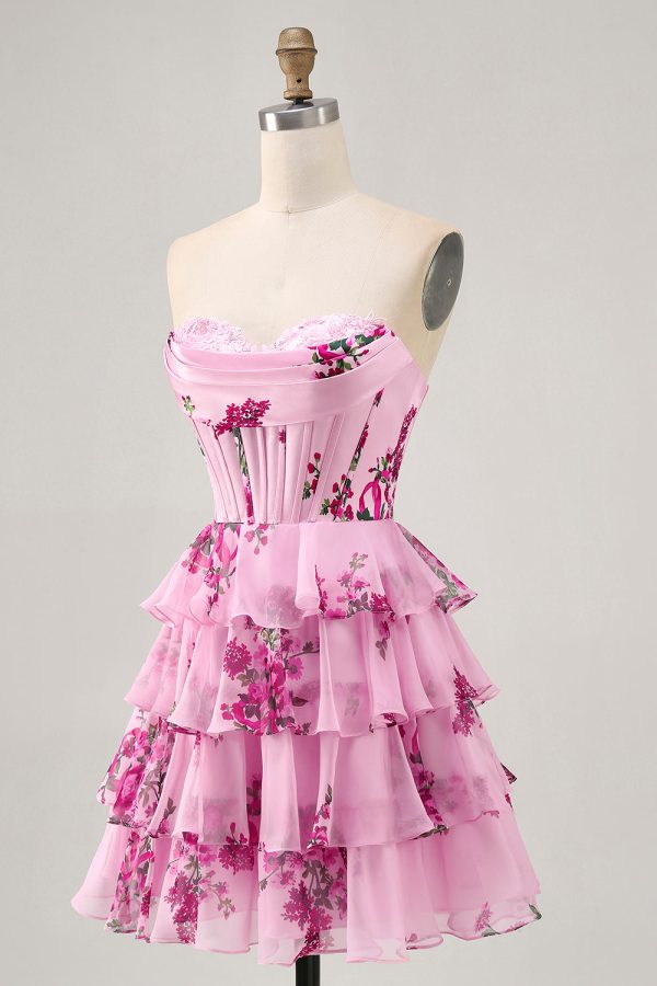 Pink Floral A Line Strapless Tiered Corset Homecoming Dress with Lace Up Back - Image 3