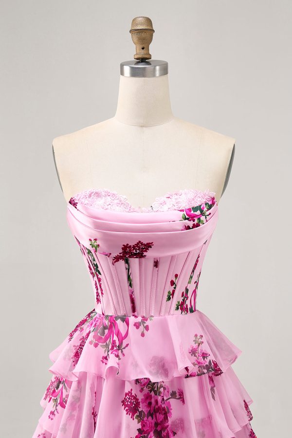 Pink Floral A Line Strapless Tiered Corset Homecoming Dress with Lace Up Back - Image 4