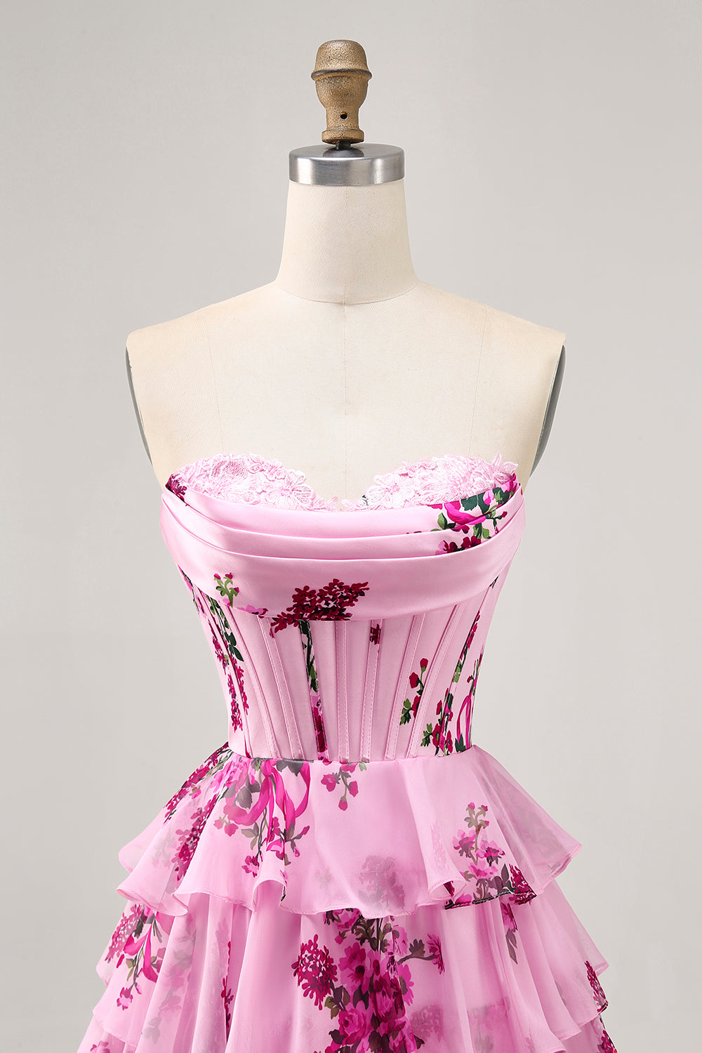 Pink Floral A Line Strapless Tiered Corset Homecoming Dress with Lace Up Back - Image 4