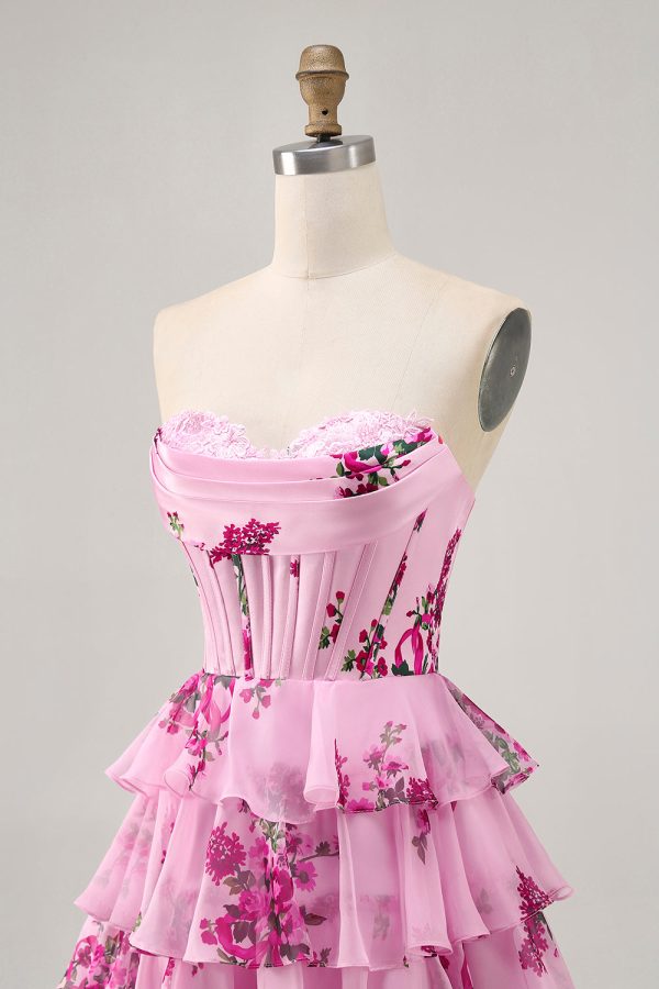 Pink Floral A Line Strapless Tiered Corset Homecoming Dress with Lace Up Back - Image 6
