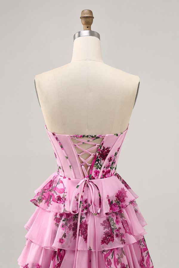 Pink Floral A Line Strapless Tiered Corset Homecoming Dress with Lace Up Back - Image 5