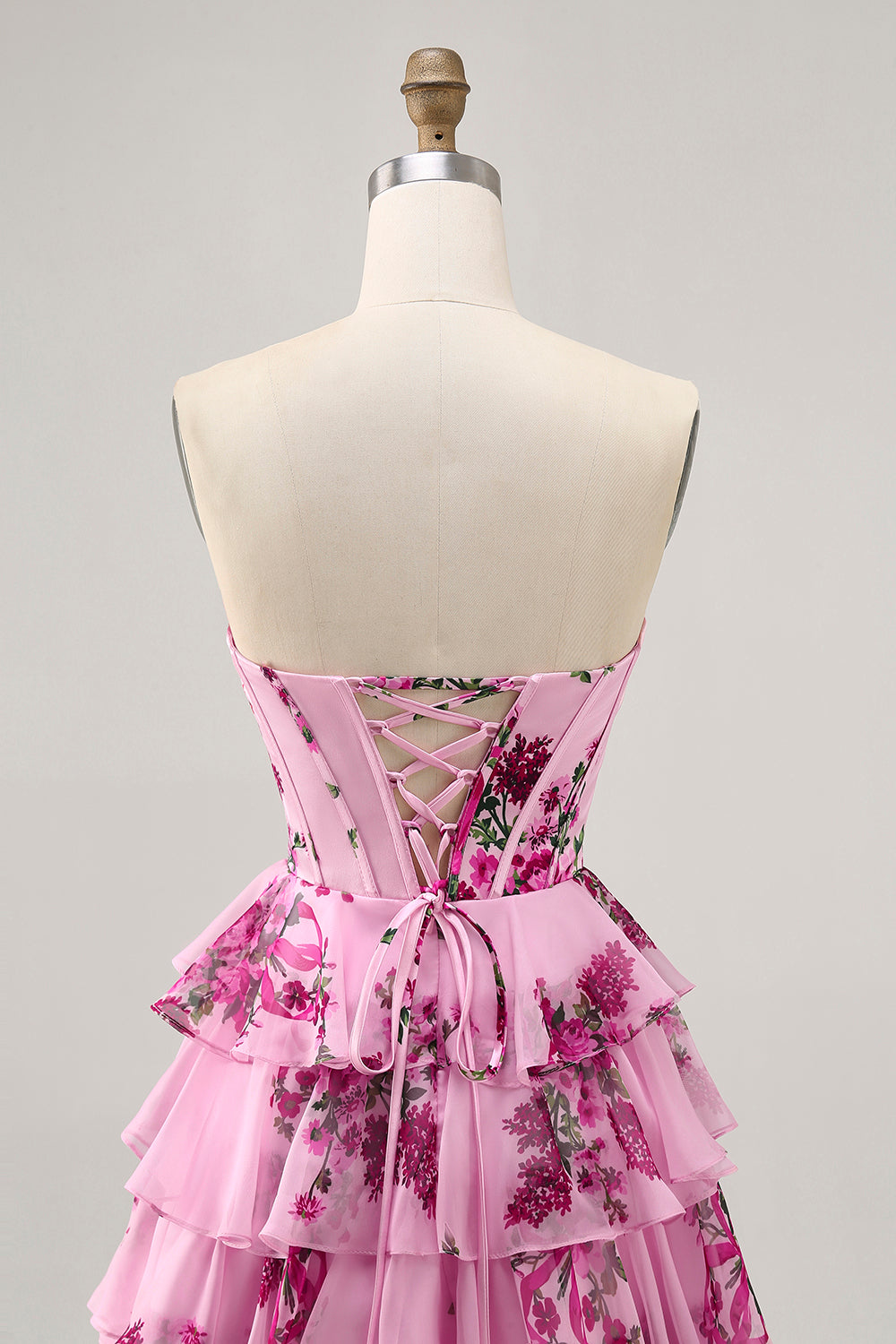 Pink Floral A Line Strapless Tiered Corset Homecoming Dress with Lace Up Back - Image 5