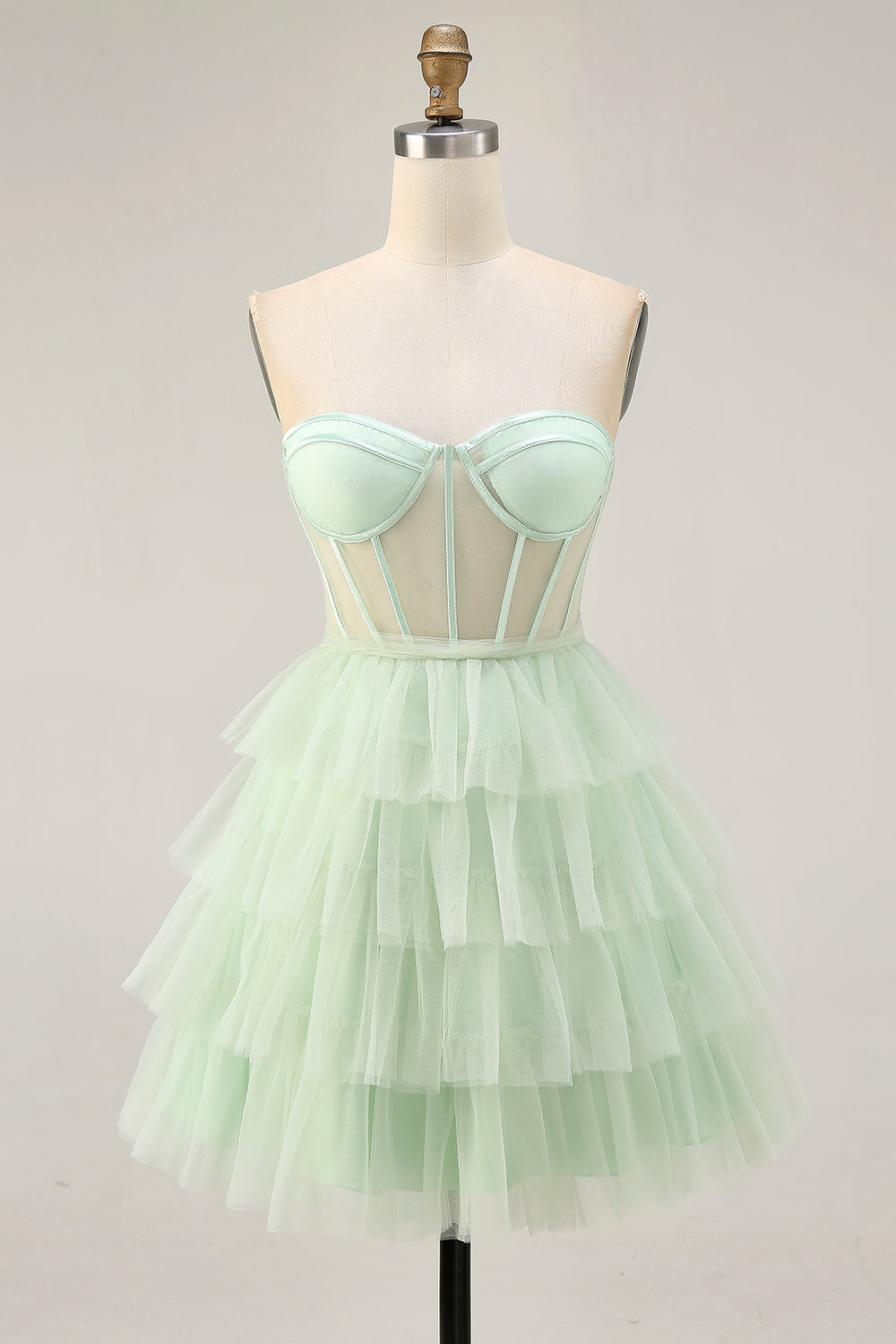 Tiered A-Line Corset Strapless Light Green Homecoming Dress - Image 1